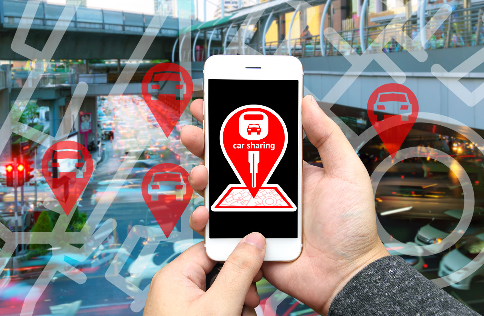 Illustration générée par l'intelligence artificielle montrant une personne tenant dans sa main un smartphone avec une application d'autopartage
