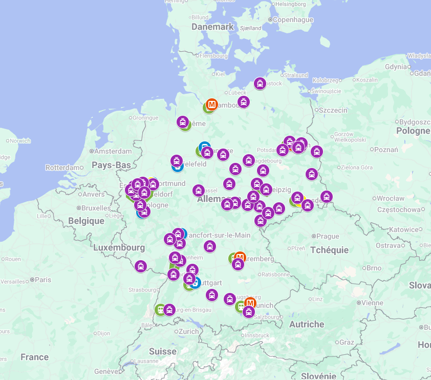 Carte des transports en commun en Allemagne