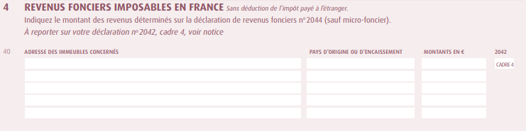 Capture d'écran du formulaire 2047 pour la déclaration des revenus encaissés à étranger de l'administration fiscale française.