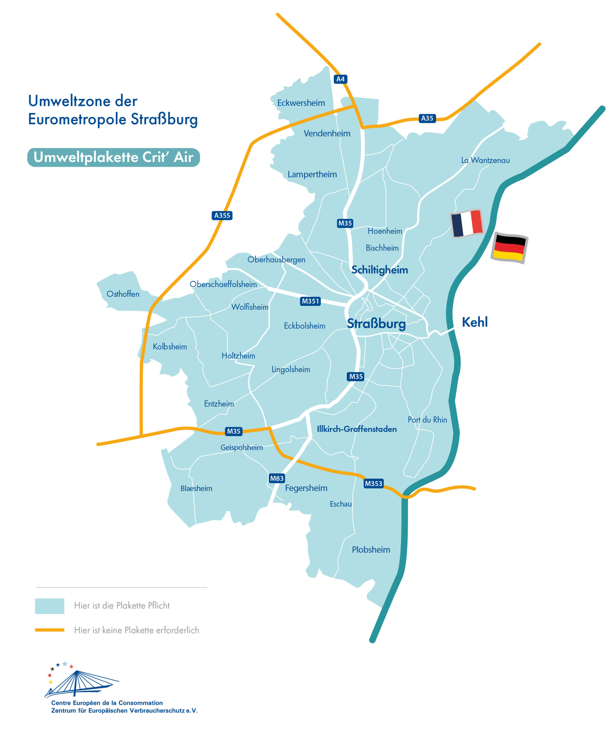 Schematische Karte des Großraums Straßburg mit farblicher Hervorhebung der Autobahnen, die nicht zur Umweltzone zählen
