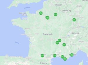 Ausschnitt einer Karte von Frankreich mit eingezeichneten Umweltzonen