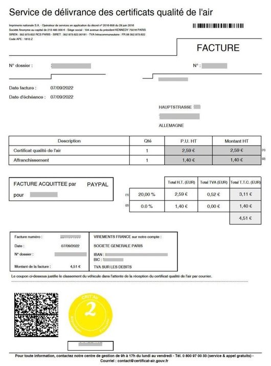 Abbildung einer Rechnung für die Bestellung einer Crit'Air-Umweltplakette