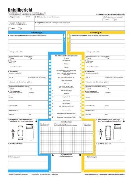 Darstellung eines europäischen Unfallberichts in deutscher Sprache.