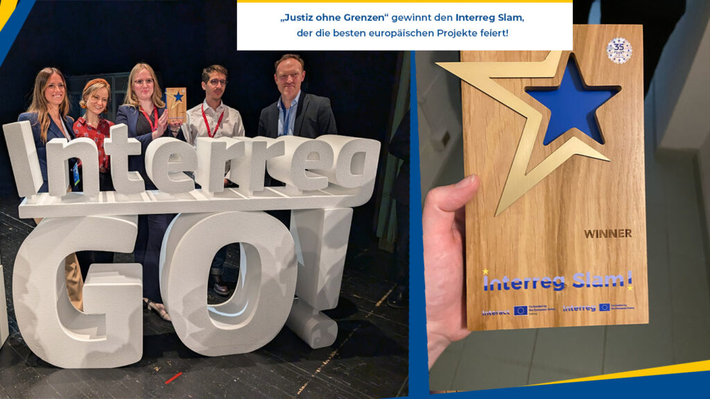 Photo montage de la victoire du projet Justice sans frontière lors de l'Interreg Slam 2025