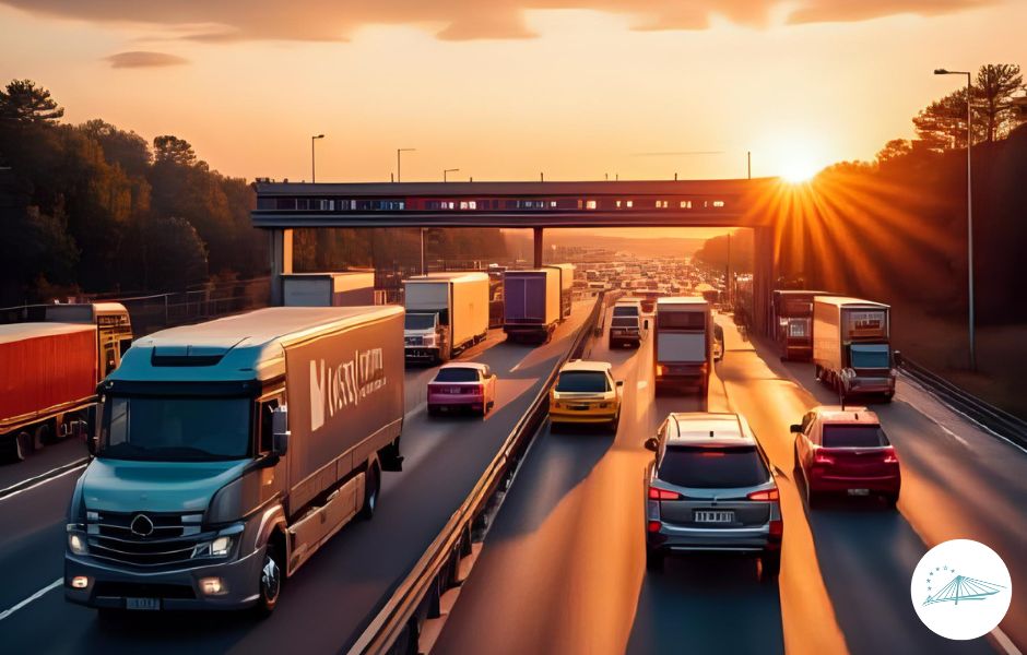 Fahrzeuge fahren auf der Autobahn bei Sonnenuntergang unter einer Mautbrücke durch.