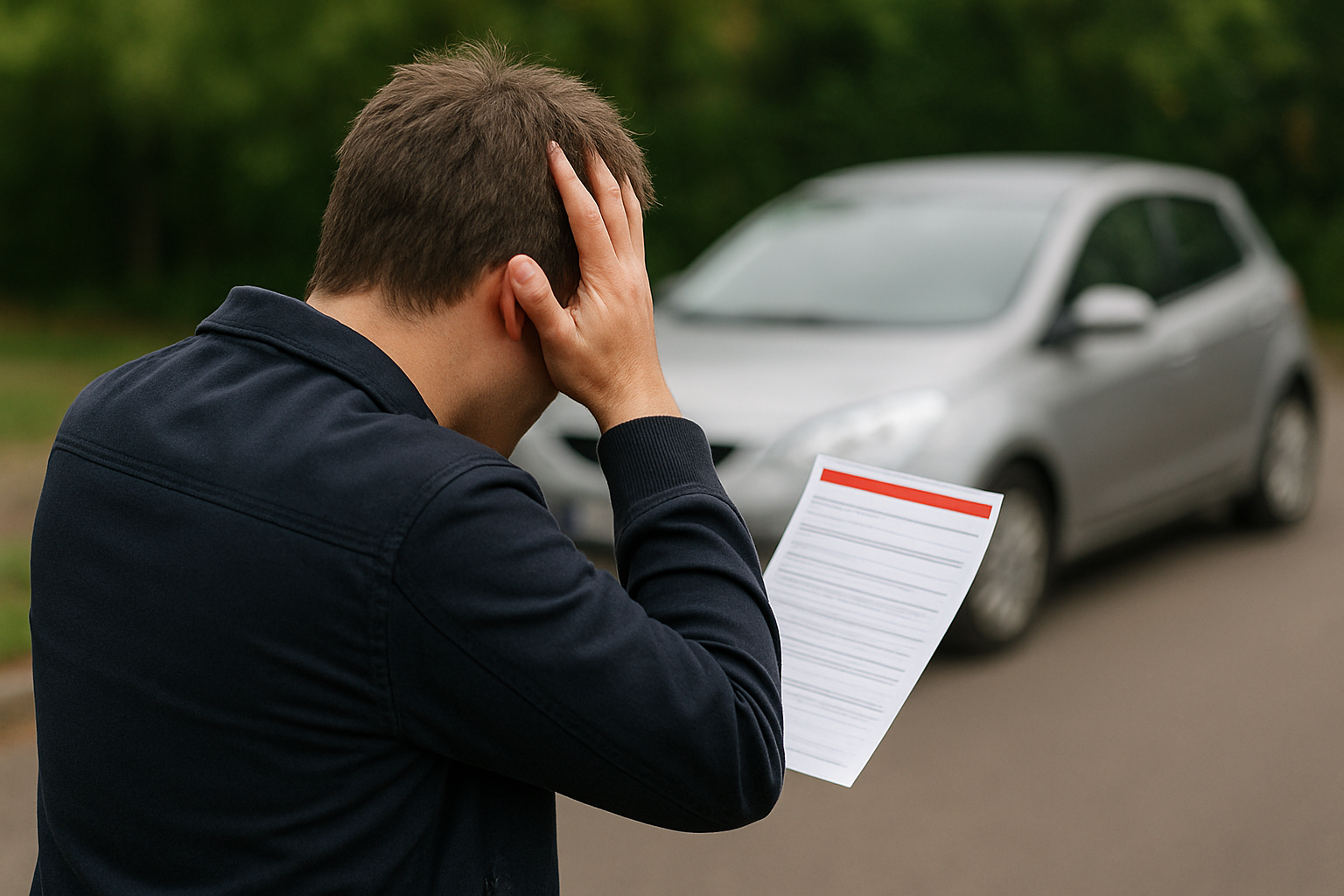 Eine Person hält einen Strafzettel in der Hand und hält sich mit der anderen Hand den Kopf. Ein Auto steht im Hintergrund.