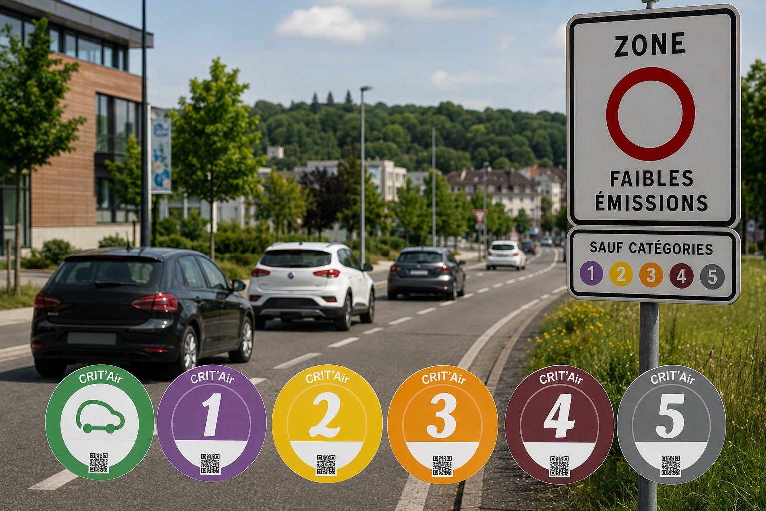 Autos fahren in einer städtischen Landschaft. Am Straßenrand steht ein Schild, das den Beginn einer französischen Umweltzone markiert.
