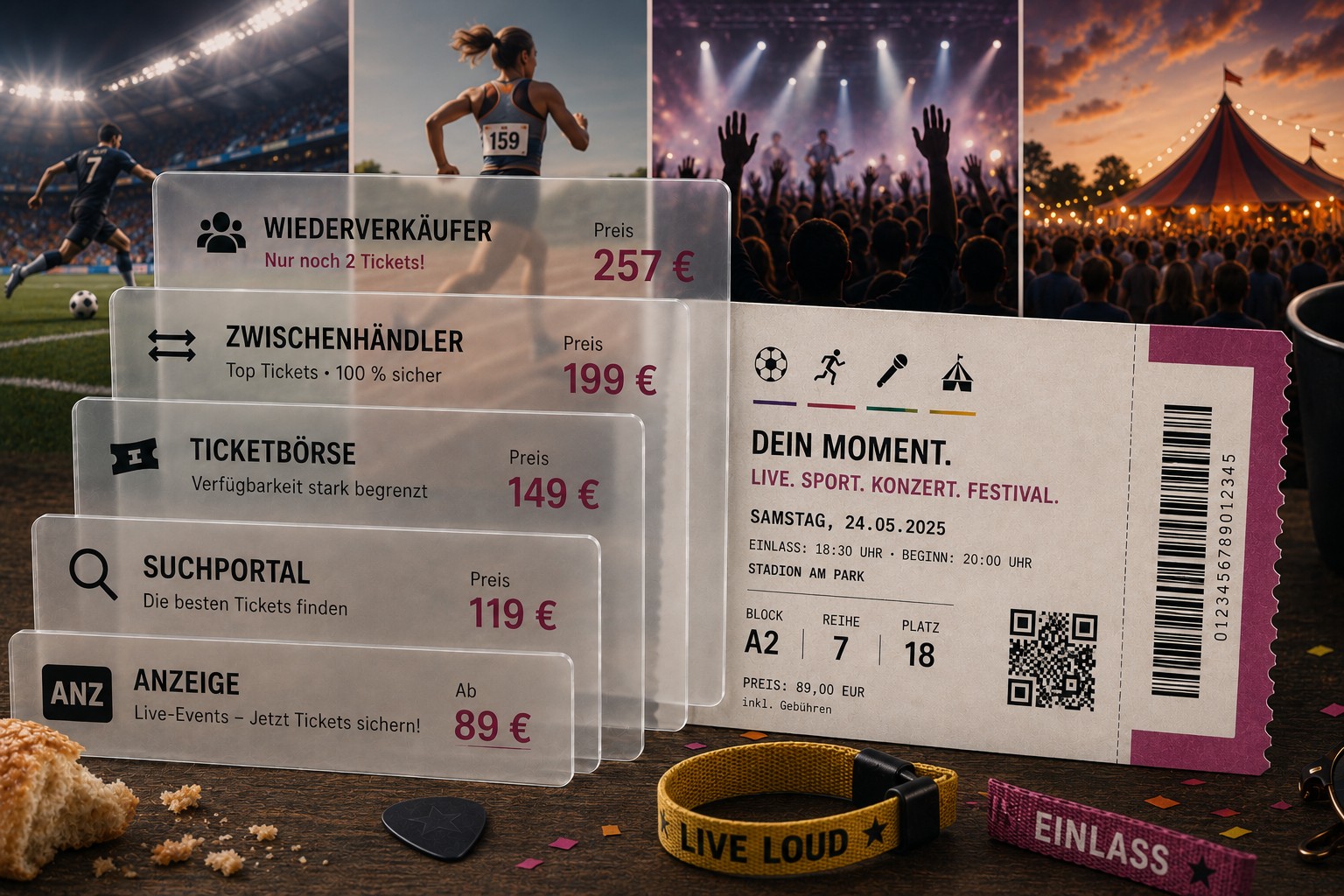 Transparente Ebenen mit Ticketangeboten und steigenden Preisen verdecken ein Veranstaltungsticket und veranschaulichen den Ticketzweitmarkt mit seinen Zwischenhändlern.