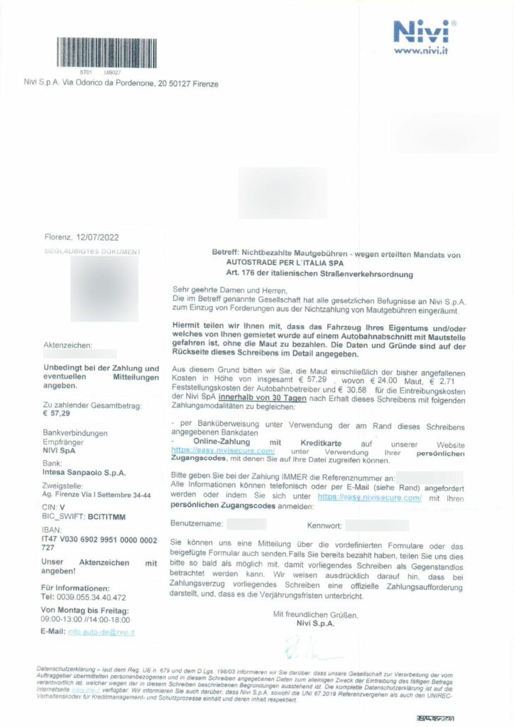 Scan eines Schreibens der Firma Nivi SpA, in dem ein Verbraucher aufgefordert wird die Maut nachzuzaheln