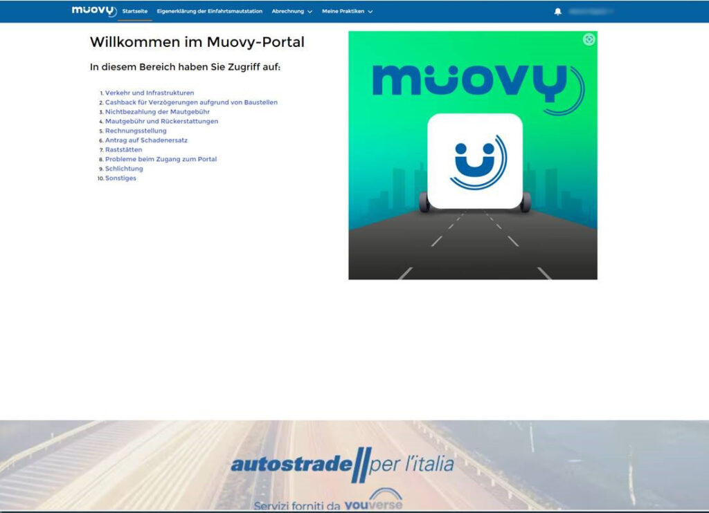 Screenshot des italienischen Mautportals Muovy mit deutschsprachiger Anleitung zur Anmeldung.